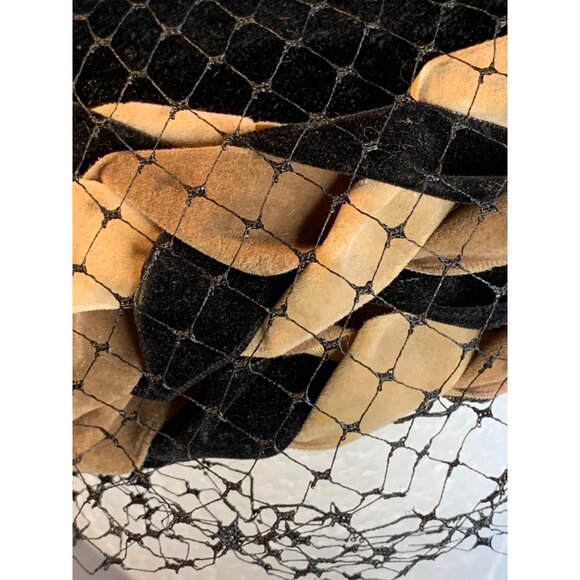 Ladies Black and Brown Velvet Braided Ribbon with Netting Hat Vintage Sz 22 - Picture 3 of 9